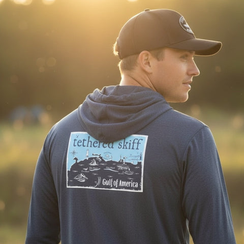 Tethered Skiff - Islands Print - Heather Navy - LS Hooded Performance - Tethered Skiff