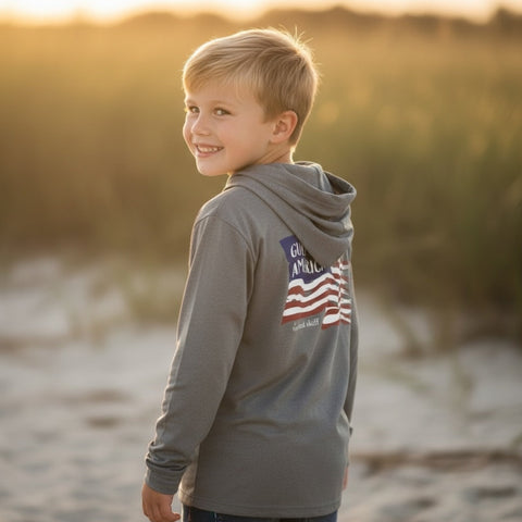 YOUTH - Flag - Heather Gray - LS Hooded Performance - Tethered Skiff