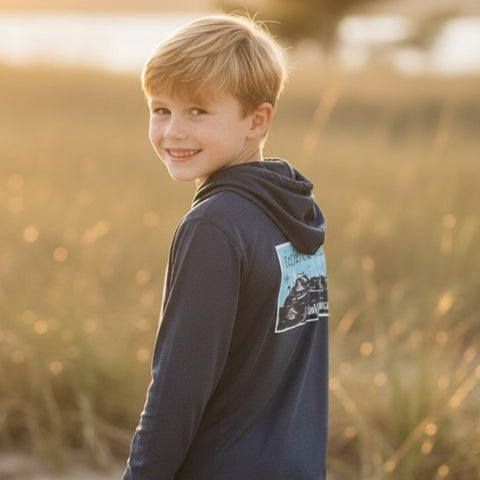 YOUTH - Island Map - Heather Navy - LS Hooded Performance - Tethered Skiff