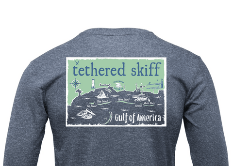 YOUTH - Island Map Print - Heather Navy - Long Sleeve Performance - Tethered Skiff