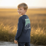 YOUTH - Island Map Print - Heather Navy - Long Sleeve Performance - Tethered Skiff